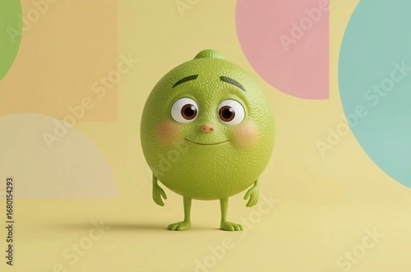 Obraz Cute lime character, pastel background, 3D render, food mascot