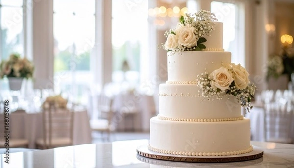 Fototapeta A pristine multi-tier wedding cake, adorned with delicate roses and pearls.