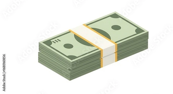 Fototapeta A stack of bundled money, depicted in an isometric view, with a light-yellow band binding the notes.