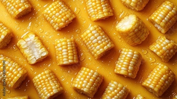 Obraz Bright yellow sweet corn on the cob pieces, glossy and wet with delicious liquid drops, arranged in a vibrant flat lay for a fresh and appealing food background.