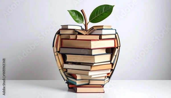 Fototapeta Stack of books forming an apple with green leaves, symbolizing education.