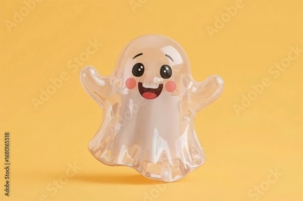 Obraz Happy ghost, yellow background, Halloween, 3D render, design