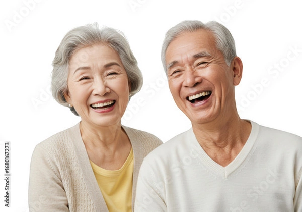 Obraz Joyful elderly asian couple sharing a heartwarming laugh in studio portrait transparent background