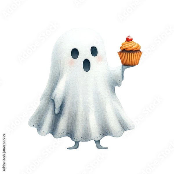 Obraz Cute ghost holding a cupcake with a cherry on top