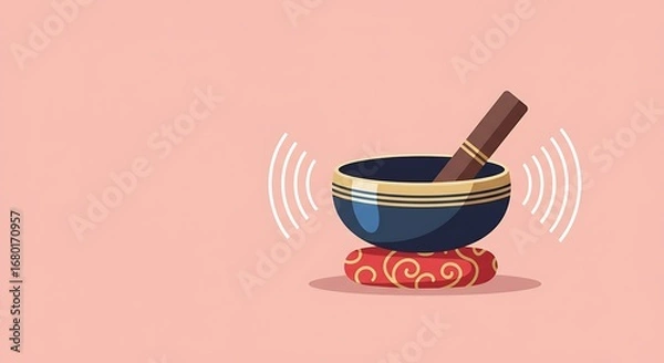 Fototapeta A dark-blue singing bowl rests on a patterned cushion, emitting sound waves against a soft pink backdrop.
