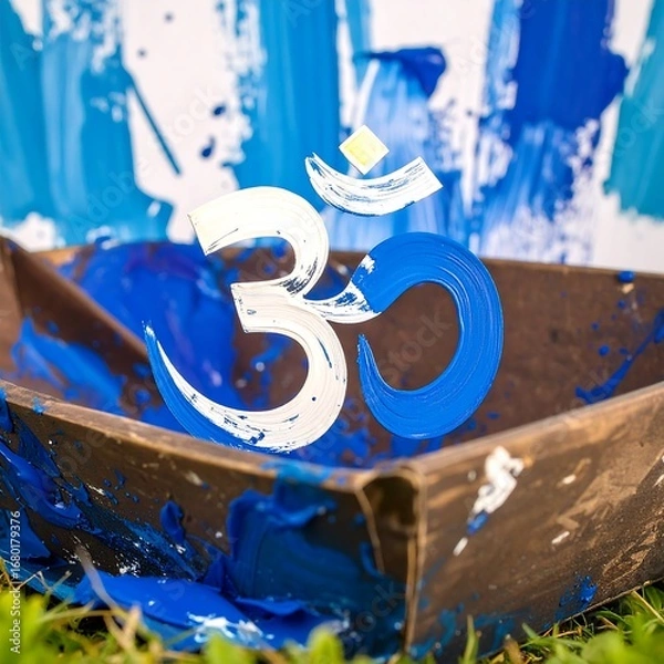 Fototapeta Om Symbol Painted Blue and White on a Tray with Abstract Background.