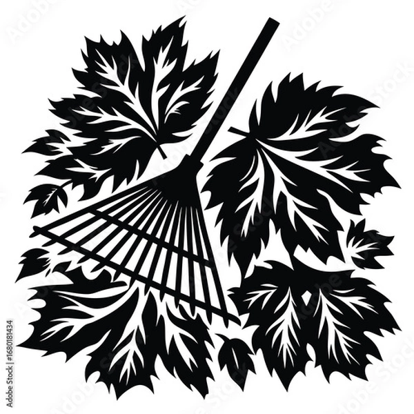 Obraz Stylized black and white image of fall leaves and a rake