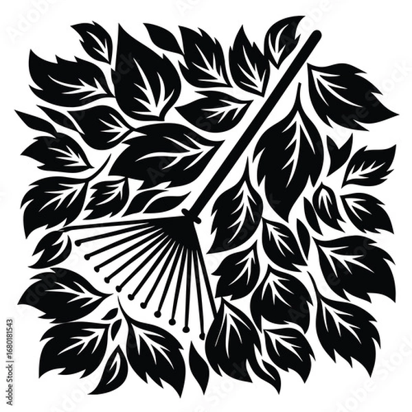 Obraz Elegant black and white design featuring a rake nestled amongst leaves and foliage