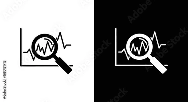 Fototapeta A magnifying glass over a volatile line graph, a black and white icon symbolizing stock market analysis and financial forecasting.