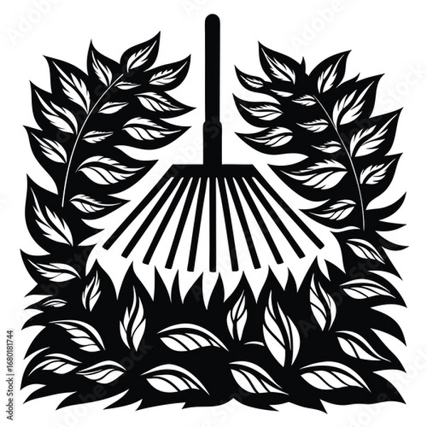 Obraz Stylized black and white vector image of a rake in fall leaves