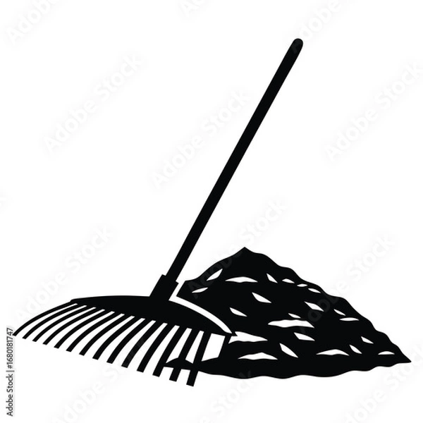 Obraz Black and white illustration of a rake collecting a pile of leaves