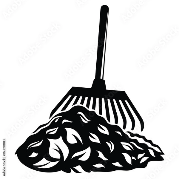 Obraz Monochrome illustration of rake and pile of fallen leaves in autumn season