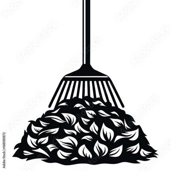 Obraz Autumn Leaf Pile and Rake Illustration in Black and White Graphic Design