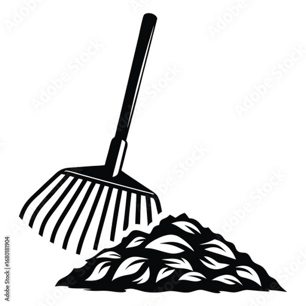 Obraz Graphic illustration of a rake gathering a pile of leaves in autumn
