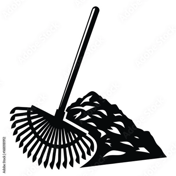 Obraz Monochrome illustration of a rake next to a pile of leaves or debris