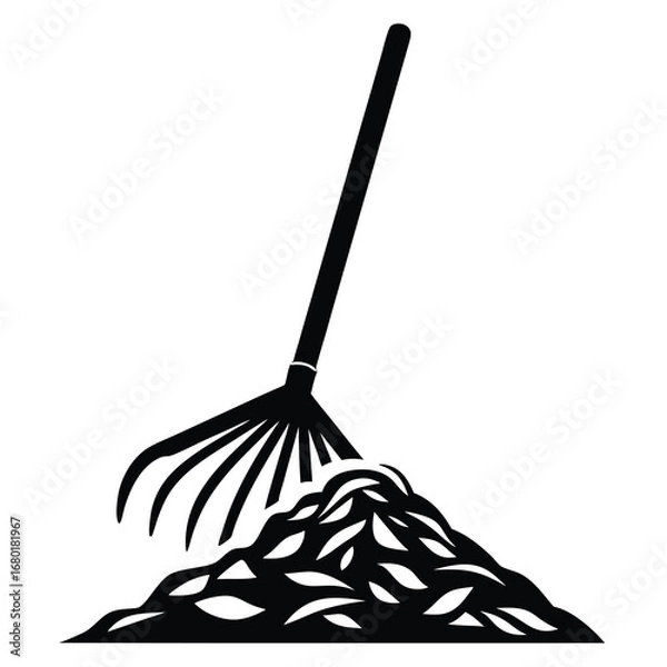 Obraz Black and White Illustration of a Rake and Pile of Leaves