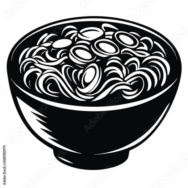 Obraz Monochrome illustration of a bowl of noodles with toppings artfully arranged