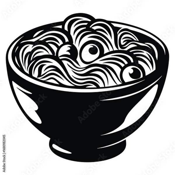 Obraz Black and White Illustration of a Bowl of Noodles with Toppings
