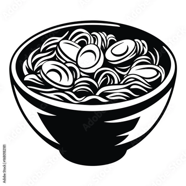 Obraz Stylized Black and White Illustration of a Bowl of Noodles and Eggs