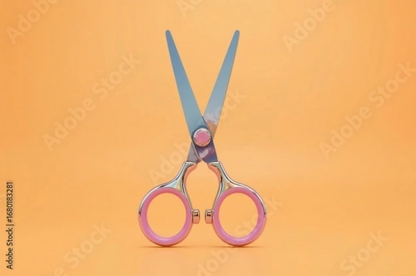 Obraz Pink-handled scissors on orange background, studio shot, product photography