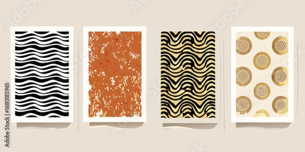 Fototapeta Set of four abstract modern minimalist art prints with wavy lines and circular patterns