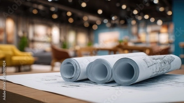 Fototapeta Rolled blueprints on a table in a modern interior