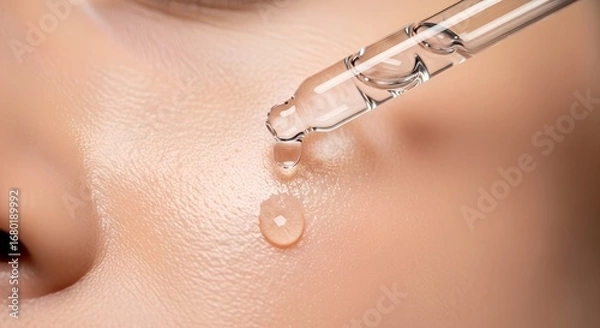 Fototapeta Close-up of a hydrating cosmetic serum or essential oil being applied to a woman's facial skin with a glass dropper for a daily beauty routine