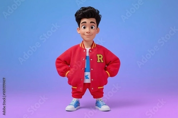 Obraz Smiling cartoon boy, red jacket, studio, purple background, animation