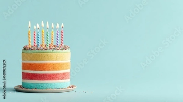 Fototapeta Colorful layered cake with lit candles on a light blue background (1)