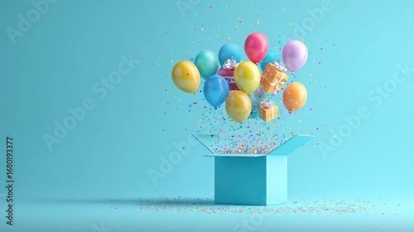 Fototapeta A light teal box bursts open with colorful balloons and gifts, confetti raining down