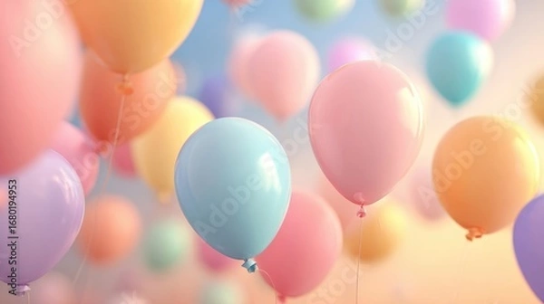 Fototapeta Pastel balloons float in a soft sky (1)