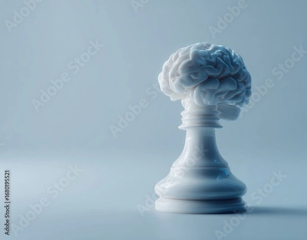 Fototapeta White chess king with a brain-shaped top, on a light blue background