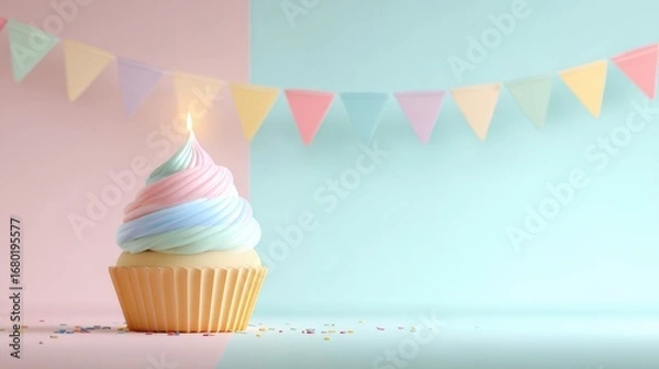 Fototapeta Pastel-colored cupcake with a lit candle and colorful flags