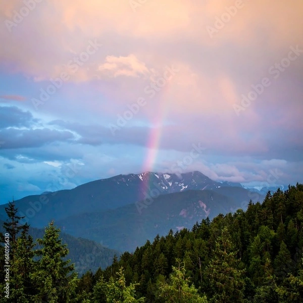 Fototapeta Rainbow Over Mountain Peak After Storm With Lush Forest Foreground.