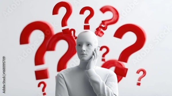 Fototapeta Thoughtful figure surrounded by red question marks