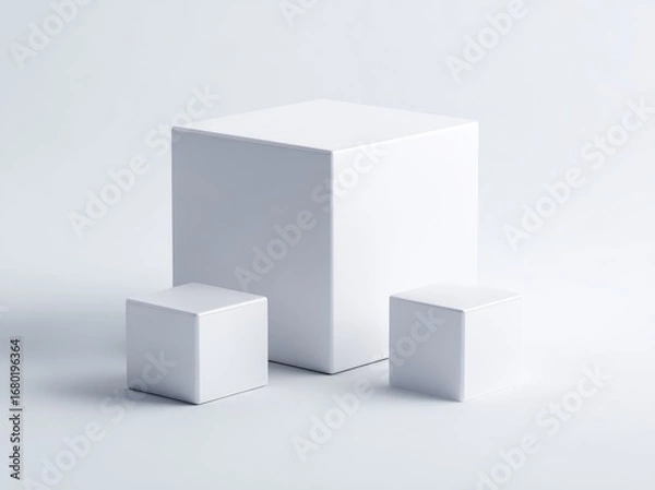 Fototapeta Three white cubes, varying sizes, on a light background