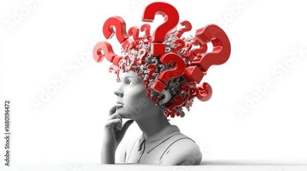 Fototapeta A pensive figure, head surrounded by red question marks