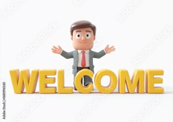 Fototapeta A cheerful cartoon businessman welcomes you with a big smile and open arms, standing before large yellow "WELCOME" letters