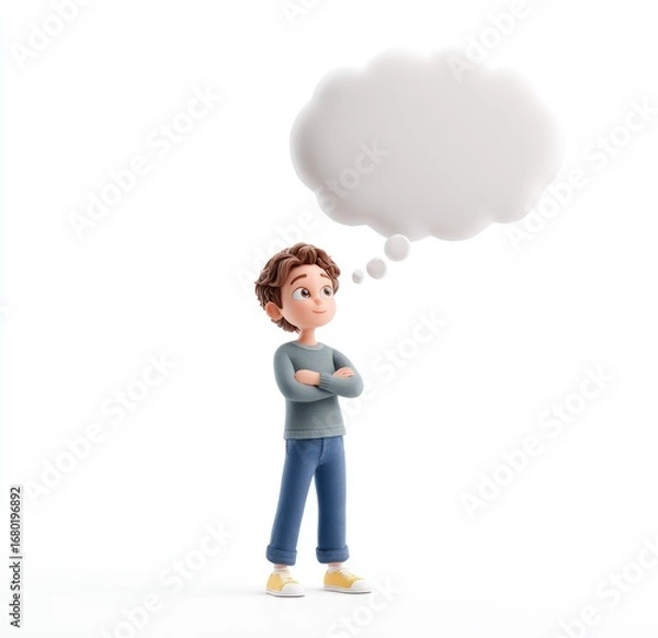 Fototapeta Cartoon boy with crossed arms, thoughtful expression, large thought bubble