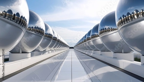 Fototapeta Modern metallic spherical structures aligned symmetrically under a bright blue sky