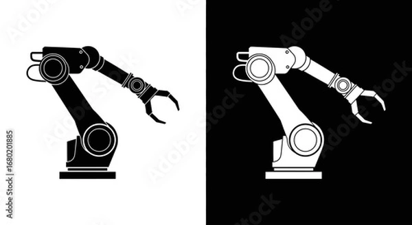 Fototapeta A robotic arm for industrial automation, a black and white icon representing manufacturing, robotics, and advanced production technology.