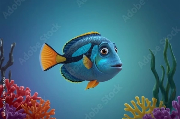 Obraz Animated fish swims ocean coral background