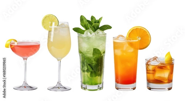 Obraz Five colorful cocktails isolated on transparent background