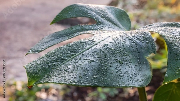 Fototapeta Macro of Monstera Leaf with Water Droplets – Tropical Nature Background in Morning Light