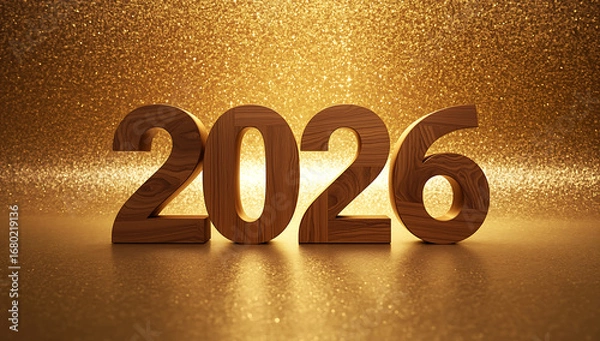 Fototapeta Happy new year 2026, featuring prominent wooden numbers with a natural grain texture, imposed on a luxurious sparkling golden background ai generative