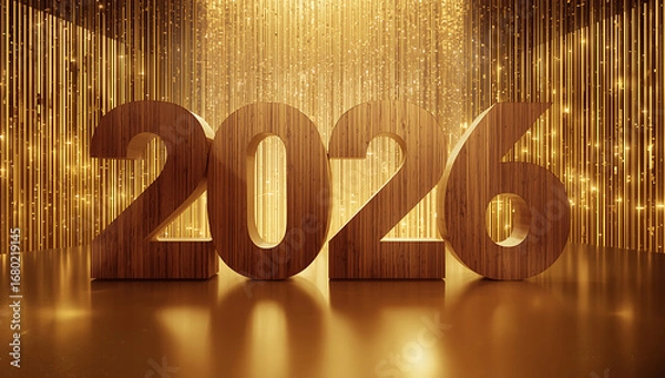 Fototapeta Happy new year 2026, featuring prominent wooden numbers with a natural grain texture, imposed on a luxurious sparkling golden background ai generative