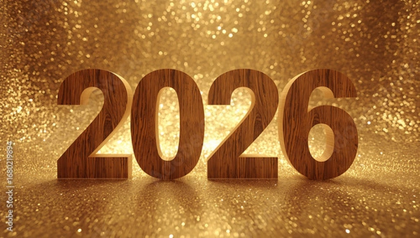 Fototapeta Happy new year 2026, featuring prominent wooden numbers with a natural grain texture, imposed on a luxurious sparkling golden background ai generative
