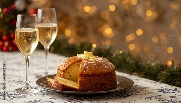 Fototapeta 2026 New Year's Eve Party setting with glasses filled with sparkling wine and cake wooden table ai generative