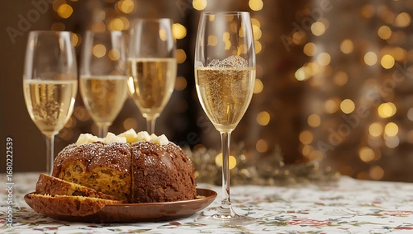 Fototapeta 2026 New Year's Eve Party setting with glasses filled with sparkling wine and cake wooden table ai generative
