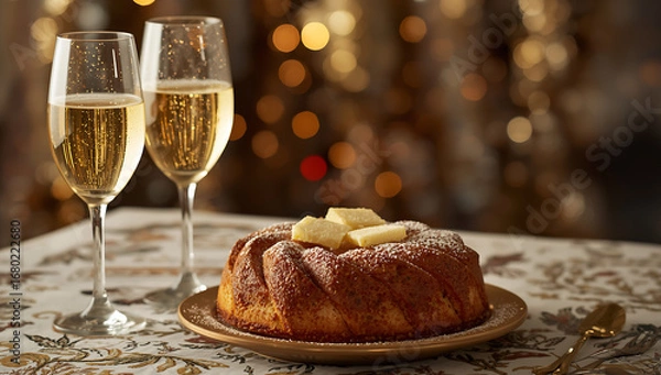 Fototapeta 2026 New Year's Eve Party setting with glasses filled with sparkling wine and cake wooden table ai generative